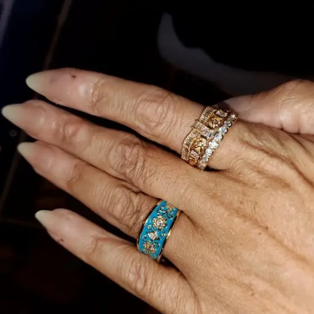 Retro Copper Hand Carved Texture Palace Turquiose Gold Ring Set - SIZE 6